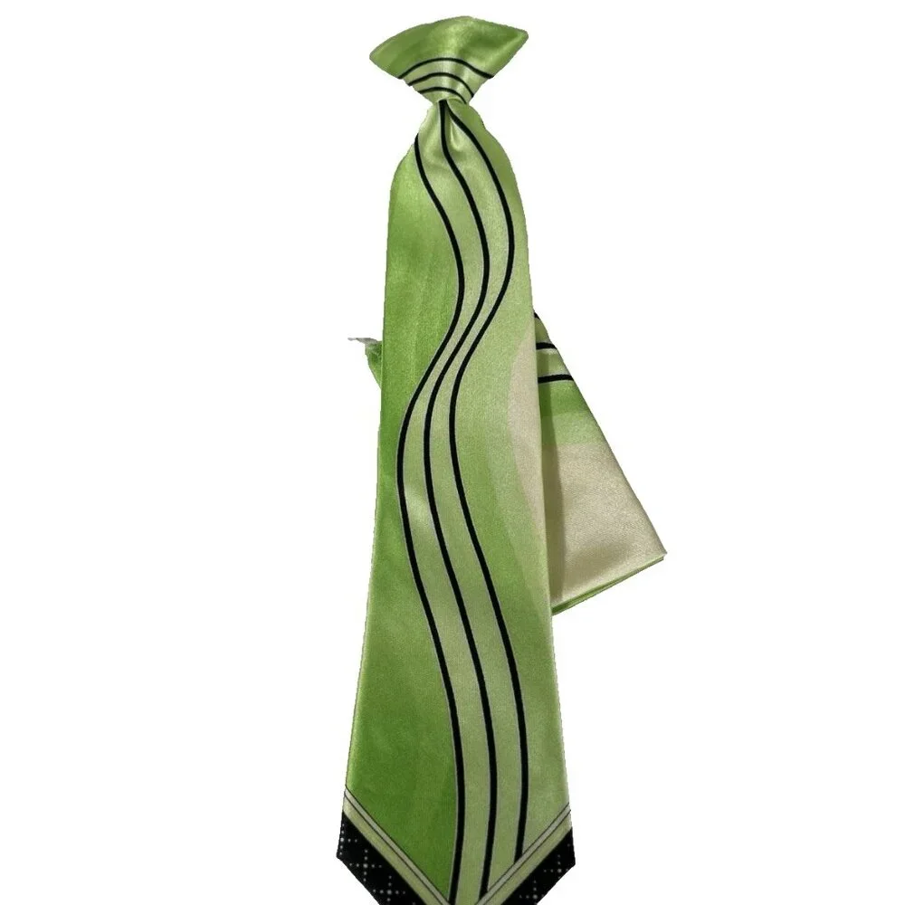 Boy's Clip-on Tie Hanky Green Cream Black 100% Polyester 3